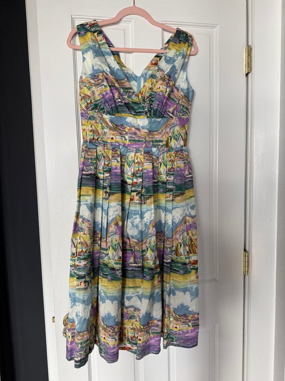 Retrospec’d  V-Neck Midi Dress in Multicolor Sailboat Print 50s style
